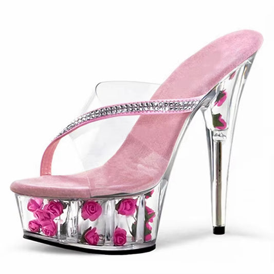 15CM / 6 Inch PVC Upprer Fashion Flower Transparent High Heel Platform Slippers Pole Dance Sandal Shoes for Women and Ladies