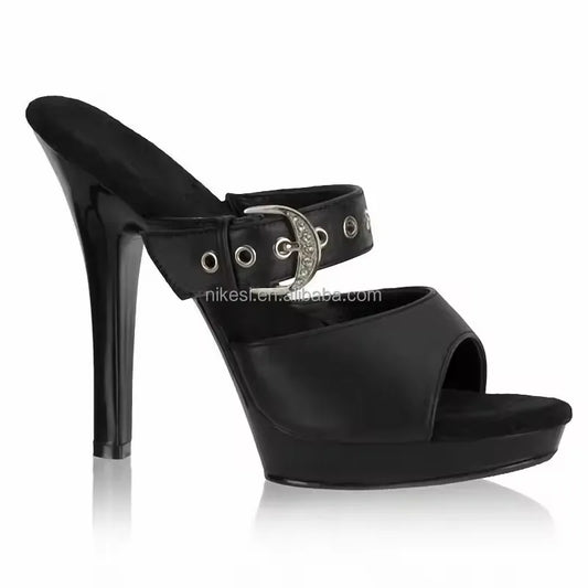 4Inch-13Cm Black Belt Buckle Open Toe Sexy Elegant Thin Heels Slippers Fetish Shoes Strip Pole Dance New Exotic Dancer Models