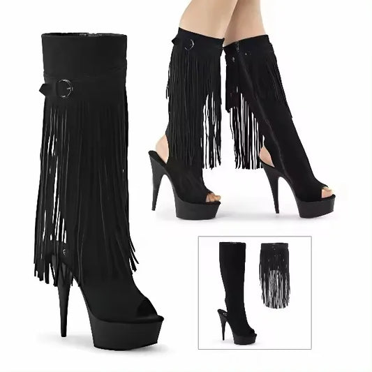 6Inch-15Cm Big Size Fringe Stiletto Heels 6Inch Sexy Suede Fetish Boots Exotic Dancer Model Stripper with Mid-Calf