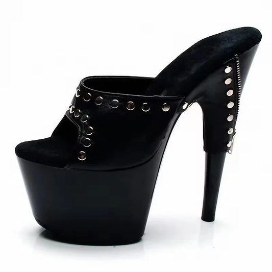 7Inch-17Cm Sexy Fetish Black Rivet Gothic Flat Heel Club Fashion High Heel Pole Dance Sandals Women'S Large Slippers Exotic